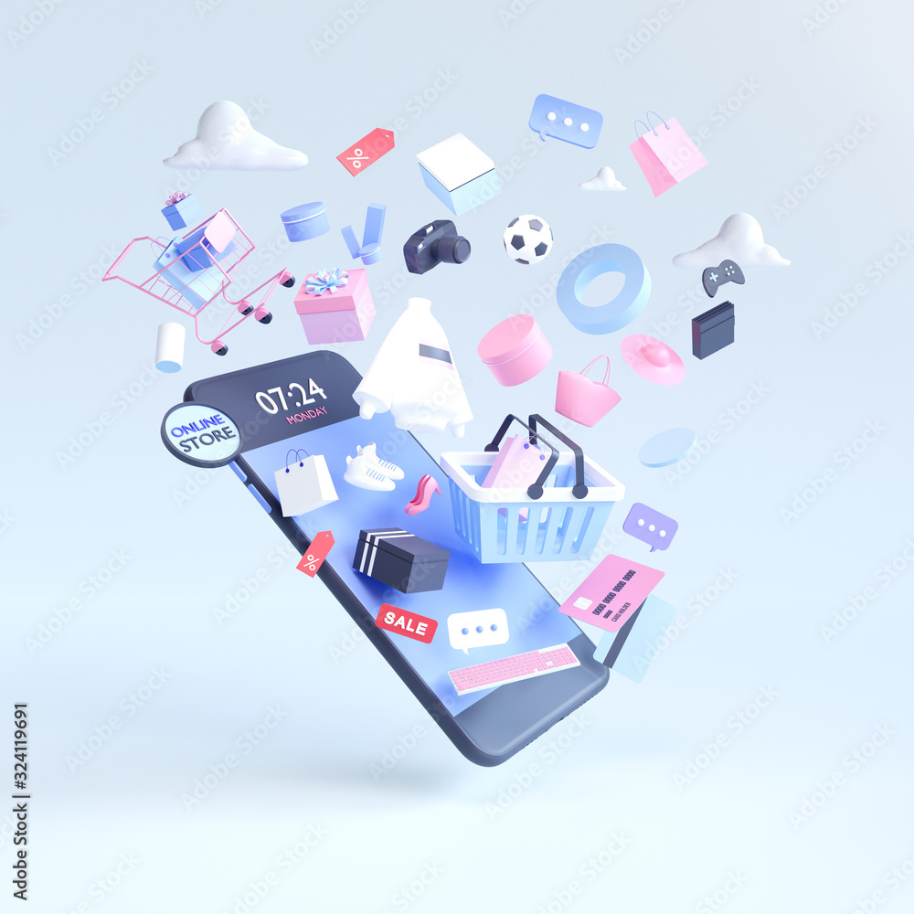 Poster shopping on-line online store on smartphone mobile application 3d rendering