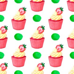 Sweet delicious watercolor pattern with cupcakes. Hand-drawn background. illustration.