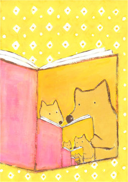 「犬の親子が本を読んでいる」という本を読んでいる犬の親子