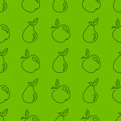 Seamless pattern with Apple and pear-shaped outline isolated on green background. Summer fruits rich in vitamins, vegetarianism, vector illustration for fabric, packaging and other surfaces.