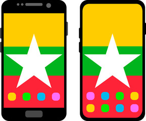 Two black smartphones with a home screen and wallpaper with the flag of Myanmar: old model with gray buttons and new model without buttons. Vector graphics, illustration