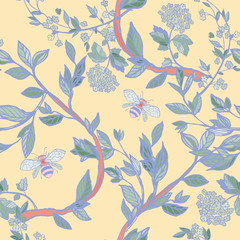 Branches of flowering trees vector illustration. Seamless pattern with bees, twigs, leaves and flowers