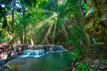 Beautiful waterfall in deep forest of Thailand, Breathtaking view of Huay Mea Kamin waterfall, Located Kanchanaburi, Thailand.