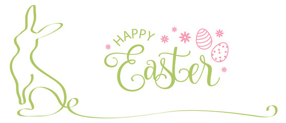 Happy easter bunny with easter eggs and text calligraphy banner isolated