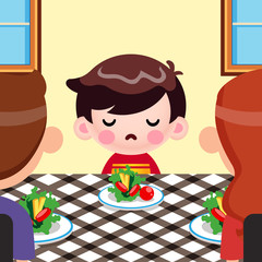 Cartoon Cute Little Boy Not Want To Eat Vegetables, And Her Parents Tries To Persuade Her Vector
