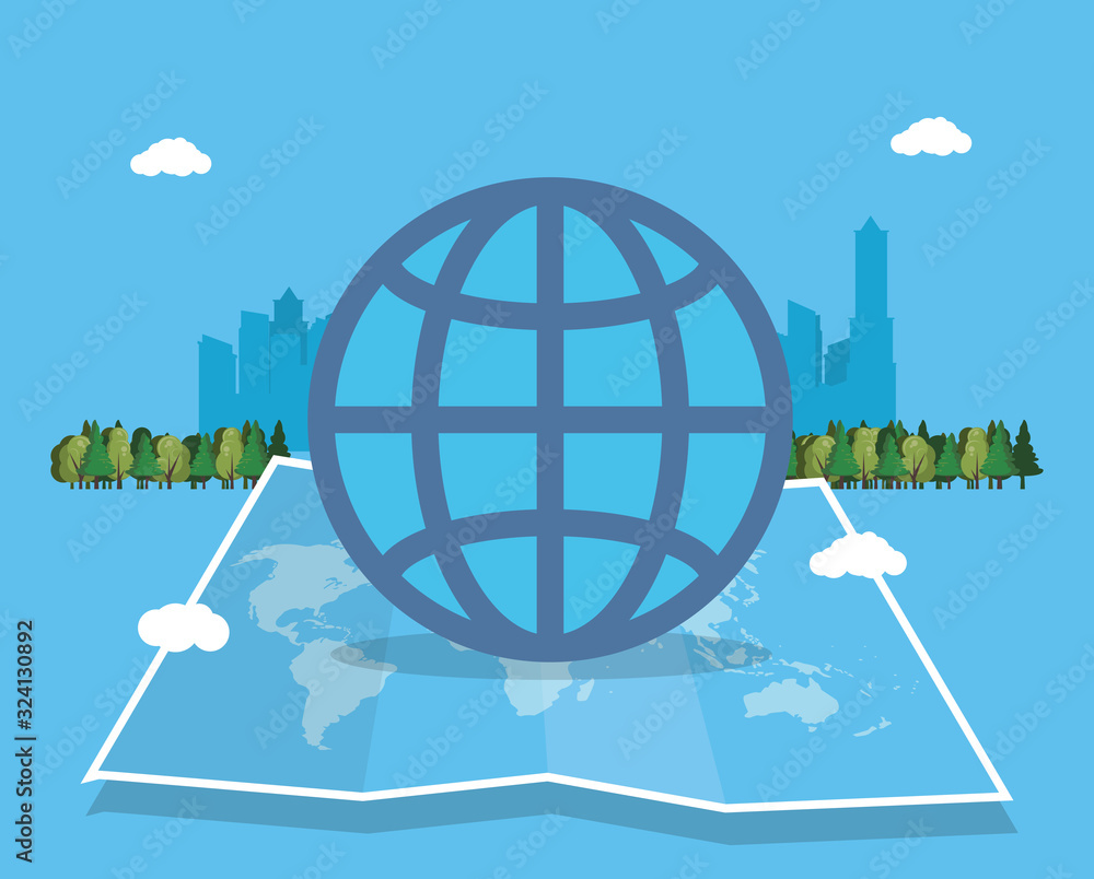 Poster paper map with sphere planet