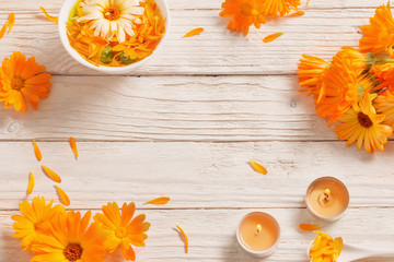  Medicinal flowers of calendula on white wooden background