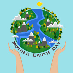Mother earth day concept. Human hands handle the green globe in space. Save our plants. 