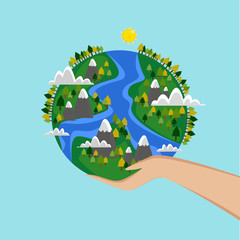 Mother earth day concept. Human hands handle the green globe. 