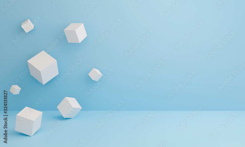 Poster abstract 3d white cube boxes on blue texture with geometric shapes podium. art 3d cubes background f