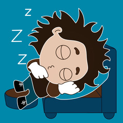 sleeping chibi boy with Zzz sign above his head, lying on an armchair, legs resting on an ottoman, vector color emoji on isolated background