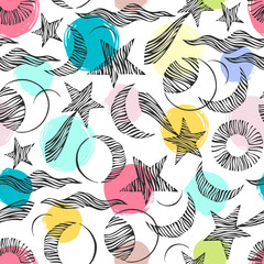 Naklejka premium Seamless pattern. Signs of the zodiac, phases of the moon, sun and moon. Engraving style. Astrology.