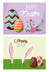 happy easter card with eggs painted and rabbits ears