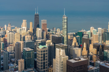 Fototapeta na wymiar Downtown Chicago aerial view, late afternoon light, winter scenery
