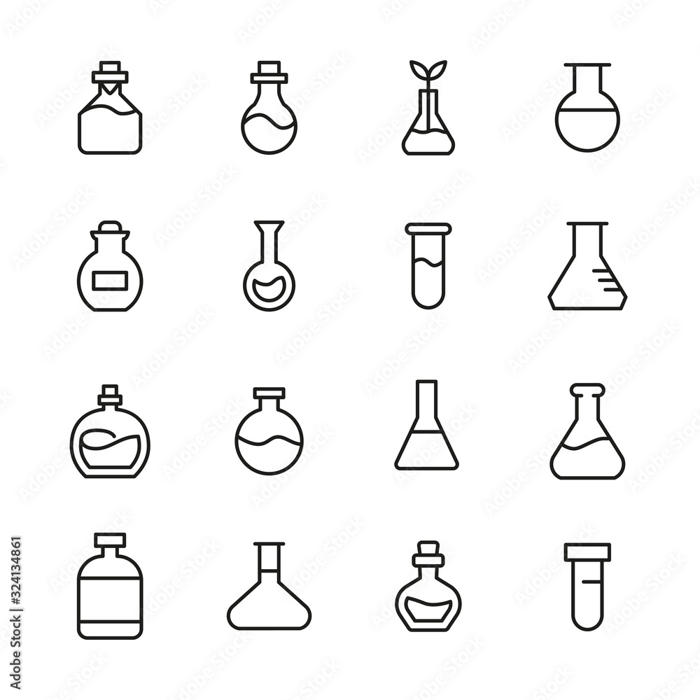 Poster set of flask related vector line icons.