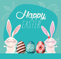 happy easter card with rabbits and eggs painted