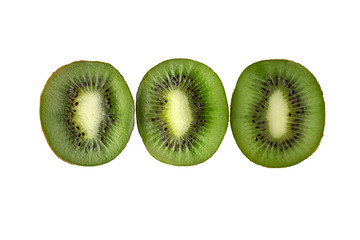Three round slices of appetizing kiwi lie on a wooden background. isolate on white background. good...