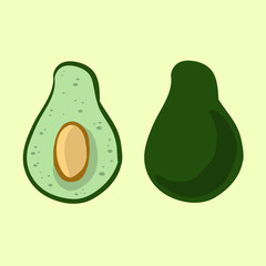 Avocado doodles vector illustration set. Whole avocado and cut sin half vegetable isolated on green background. Stock vegan illustratoon