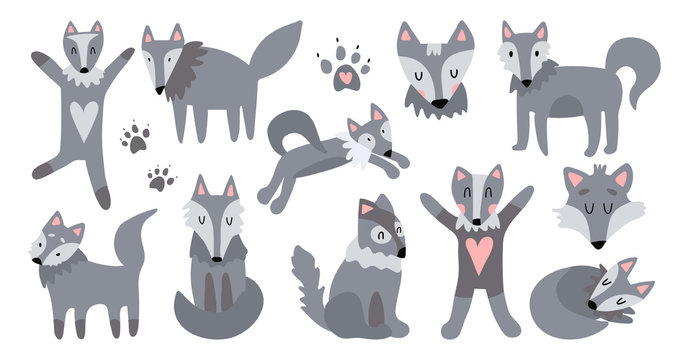 Vector set of illustrations of cute wolves. The good wolf sleeps, jumps, hugs, runs, sits. Suitable for animation, design of children's textiles, printing on children's toys.