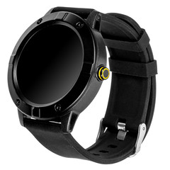 Wireless smart watch in a round matte black case on silicone strap on a white background. Three...