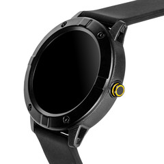 Obraz premium Wireless smart watch in a round matte black case on silicone strap on a white background. Three quarter view close up