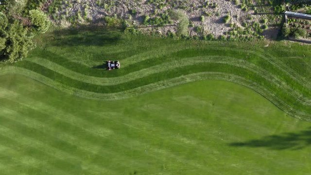 Aerial straight down view of groundskeeper mowing first cut rough on golf course creating stripes