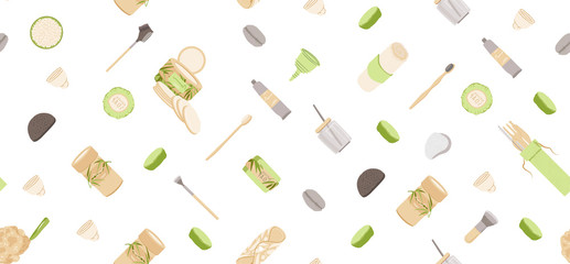 Zero Waste Vector Seamless Pattern in Minimalism Style, with Reusable and Recycle Zero Waste products - Pad, Box, Charcoal toothbrush, Natural Soap and other. Eco friendly repeatable pattern.