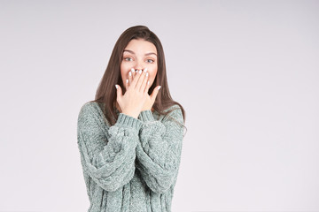 Surprise girl emotion. Amazed people look. Shock scream. Horror sad portrait.