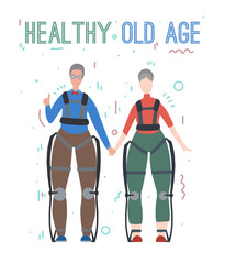 Pair of happy healthy old people in exosuits. Innovation in medicine. Elderly family. Exoskeleton for people with disabilities. Vector flat image for articles and your creativity.