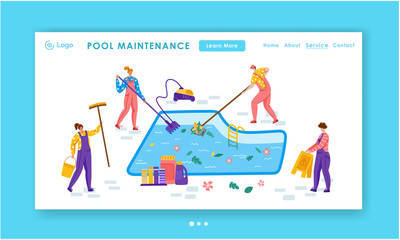 Landing page - Pool maintenance or cleaning service, group of miniature people in uniform, cleaning products for swimming pool, workers with equipment - test water, net, broom, flat vector for website