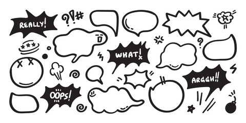 Hand drawn set of speech bubbles with dialog words,- Vector illustration. - obrazy, fototapety, plakaty
