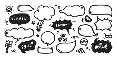 Hand drawn set of speech bubbles with dialog words,- Vector illustration.