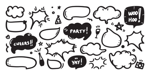 Hand drawn set of speech bubbles with dialog words,- Vector illustration.