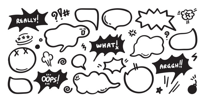 Hand drawn set of speech bubbles with dialog words,- Vector illustration.