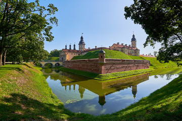 Exterior of a medieval castle. View of an old castle with a fortress wall and a moat with water.