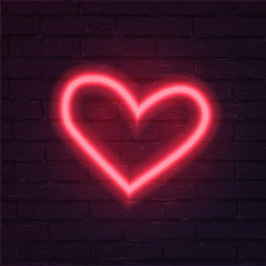 Neon red heart vector illustration. Romantic icon isolated on brick wall background. Love holiday celebration symbol. Valentine postcard, greeting card decorative design element.