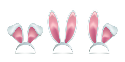 Rabbit ears realistic 3d vector illustrations set. Easter bunny ears kid headband, mask collection. Hare costume pink cartoon element. Photo editor, booth, video chat app color isolated cliparts.