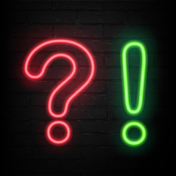 Neon Question And Exclamation Mark On Brick Wall