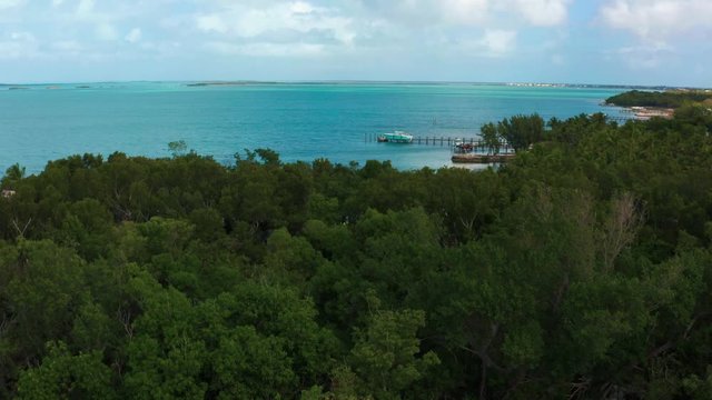Aerial 4K UHD drone footage of palm trees next to the Highway One leading from Miami all the way down to Key West in Florida. The turquoise Atlantic Ocean is surrounding hundreds of coral reef islands
