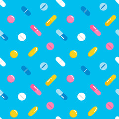 Vector cartoon style seamless pattern background with colorful pills, supplement or medication.