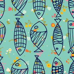 Cute fish. Cute flowers. Kids background. Seamless pattern. Can be used in textile industry, paper, background, scrapbooking.