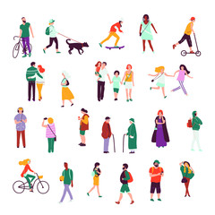 Summer people outdoors. Young men and women walking, riding bicycle, kickscooter, skateboarding, taking photo with smartphone, listening music in headphones, walking a dog. Flat illustration isolated.