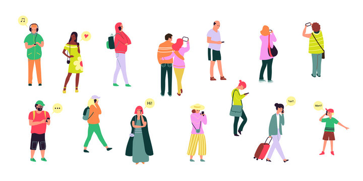 Peope standing and walking with smartphones. Illustrations in flat style isolated on white background.