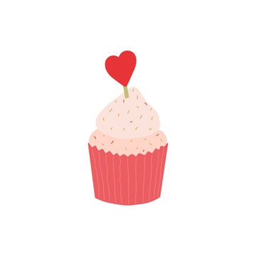 Cupcake with heart on top. Delicious cupcake topped with a cherry and whipped cream and sweeties. Perfect for Valentine's Day.