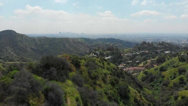 Drone footage: Hollywood hills with Downtown Los Angeles in the background