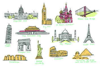 Set of most famous sights of the world. Collection of famous buildings and monuments of different countries and cities. Vector colorful illustrations in sketch style, isolated.