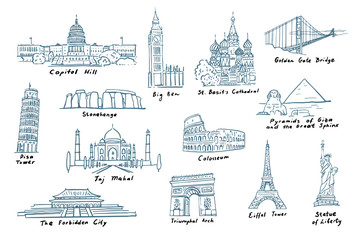 Set of most famous sights of the world. Collection of famous buildings and monuments of different countries and cities. Vector line illustrations in sketch style, isolated.