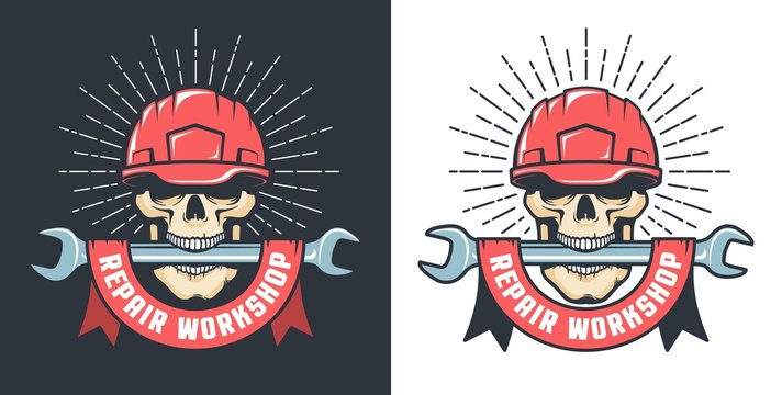 Repair workshop retro logo with skull in hardhat and wrench. Skeleton worker - vintage emblem. vector illustration.