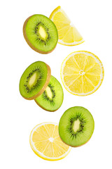 Fototapeta na wymiar Slices falling kiwi and lemon isolated on white background.