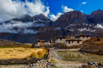 Himalayan landscape with village in Spiti Valley aslo known as Little Tibet. Himachal Pradesh, India